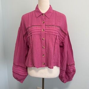 Free People Boho Summer Stars Puffy-Sleeve Button Down Crochet Trim Top  Size M